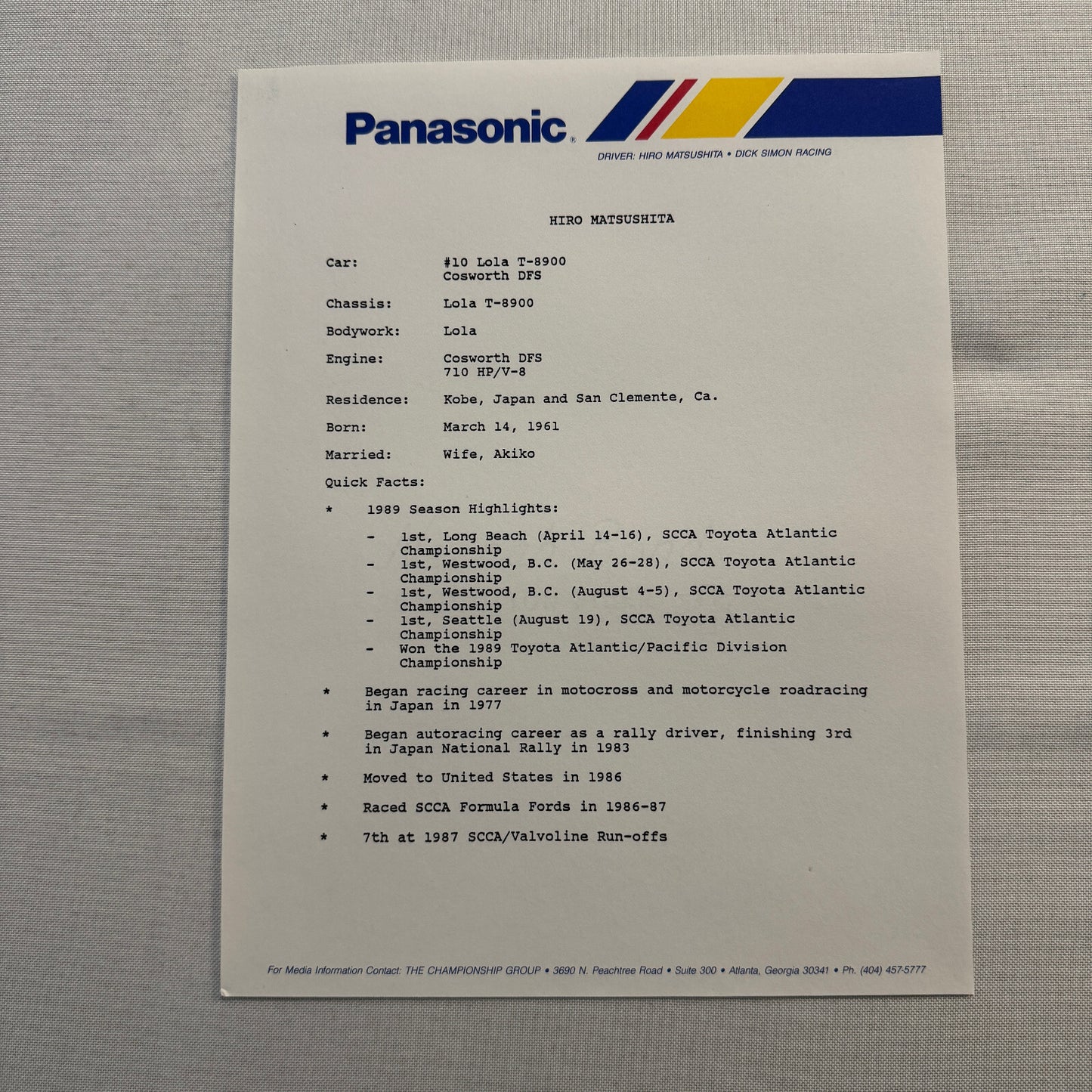 Vintage CART IndyCar Press Kit Hiro Matsushita Panasonic Racing Driver
