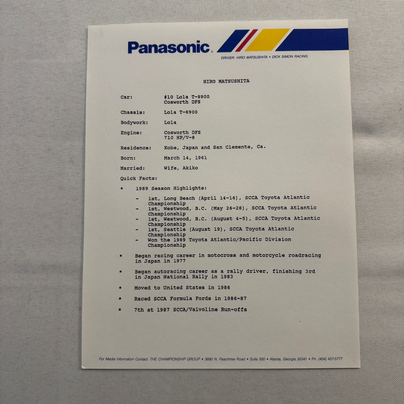 Vintage CART IndyCar Press Kit Hiro Matsushita Panasonic Racing Driver
