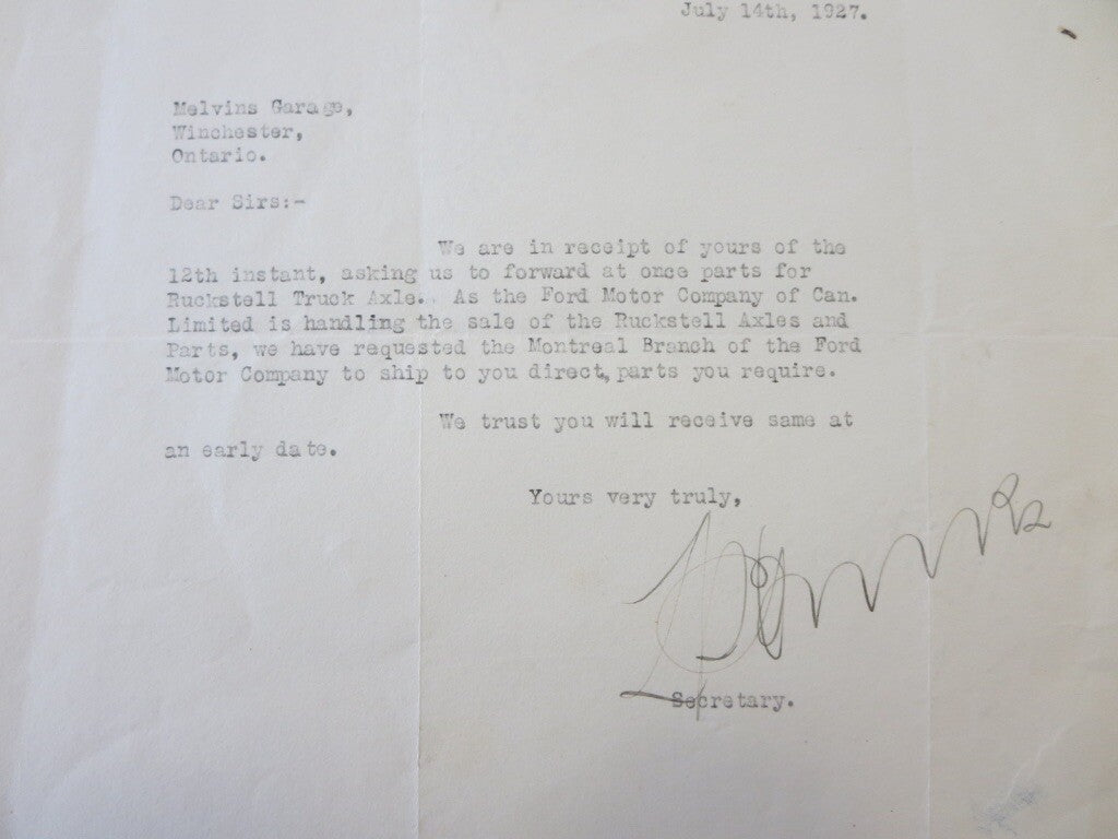 1927 Ruckstell Truck Axle Company Factory Letter FORD Letterhead