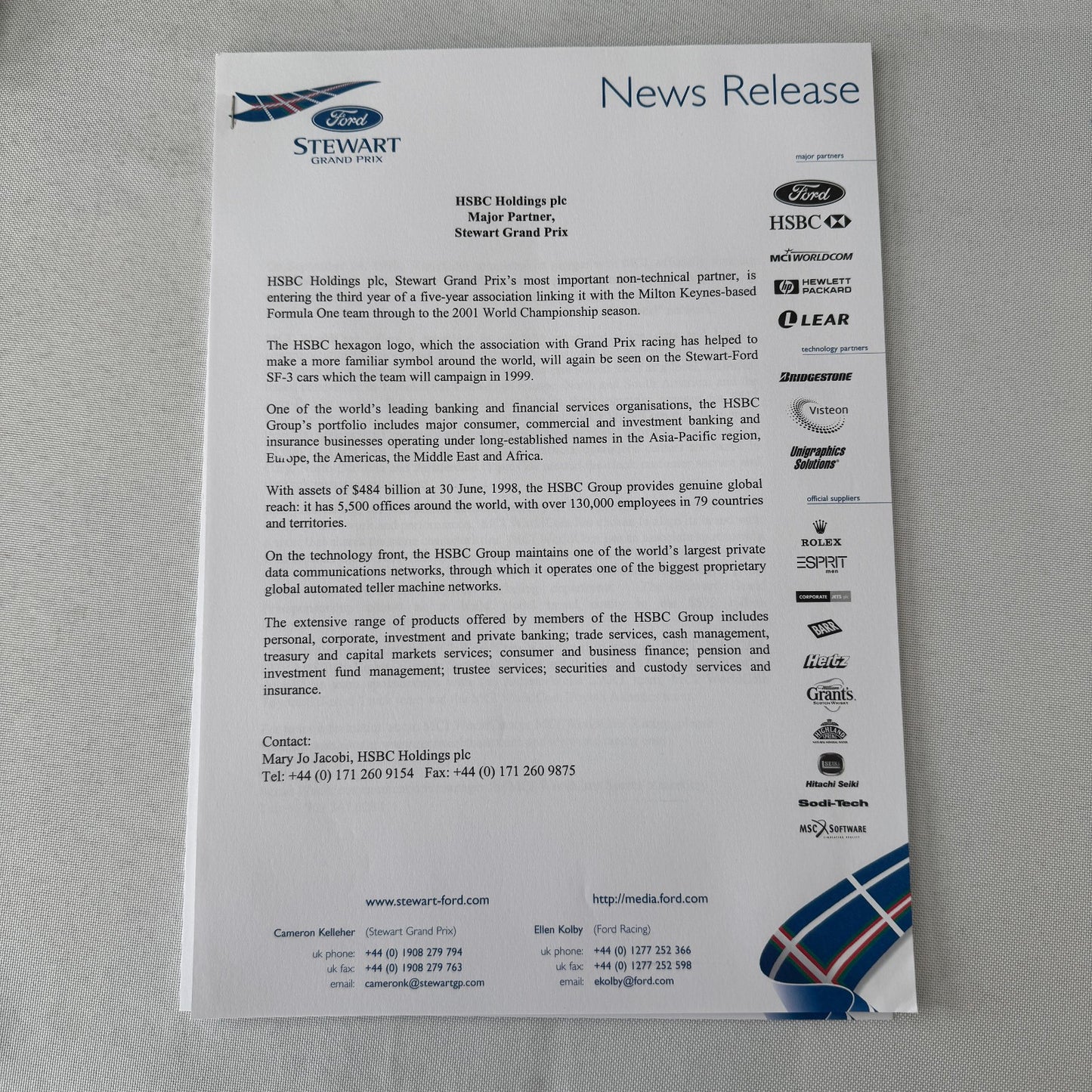 1999 Ford Jackie Stewart Racing Team SF3 Press Kit 35mm Slides Brochure Photos