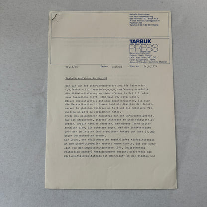 1974 Saab Press Kit Photos Press Releases GERMAN Saab 96 Saab 99L