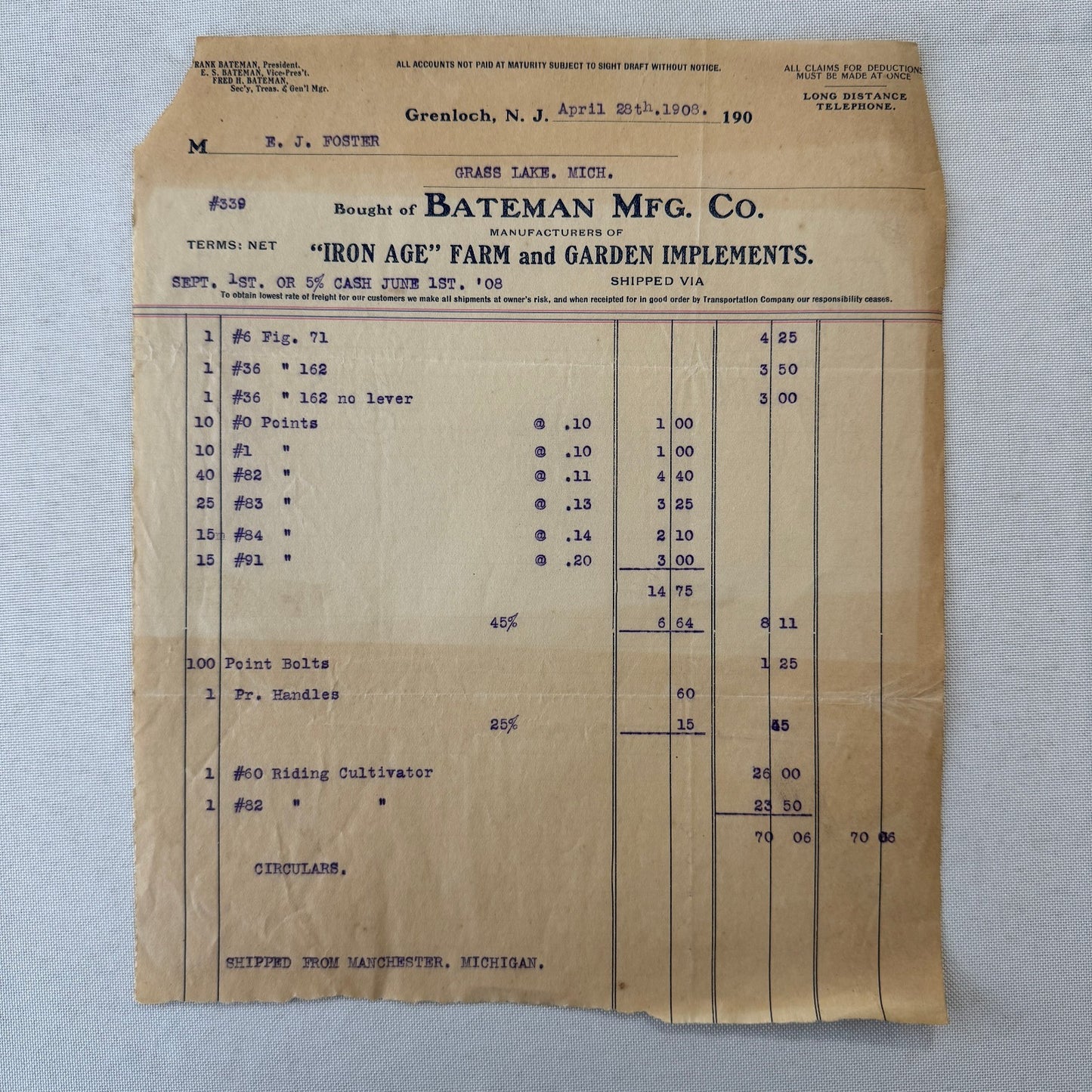 Bateman Manufacturing Receipt Letterhead Document Grenloch New Jersey 1908 Farm