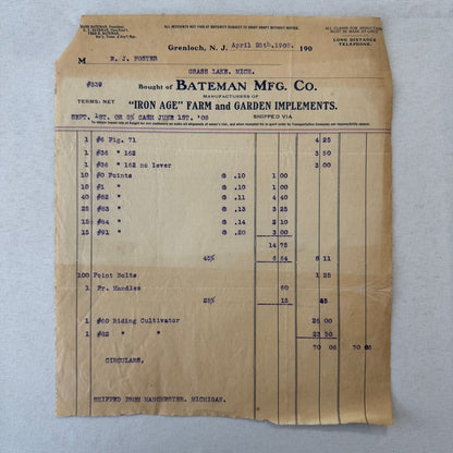 Bateman Manufacturing Receipt Letterhead Document Grenloch New Jersey 1908 Farm