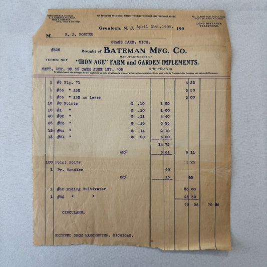 Bateman Manufacturing Receipt Letterhead Document Grenloch New Jersey 1908 Farm