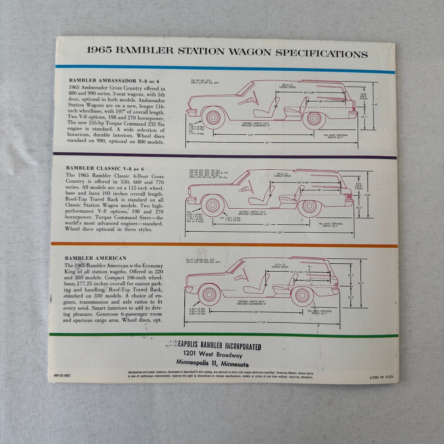 1965 Rambler Station Wagon Car Sales Brochure American Classic Ambassador