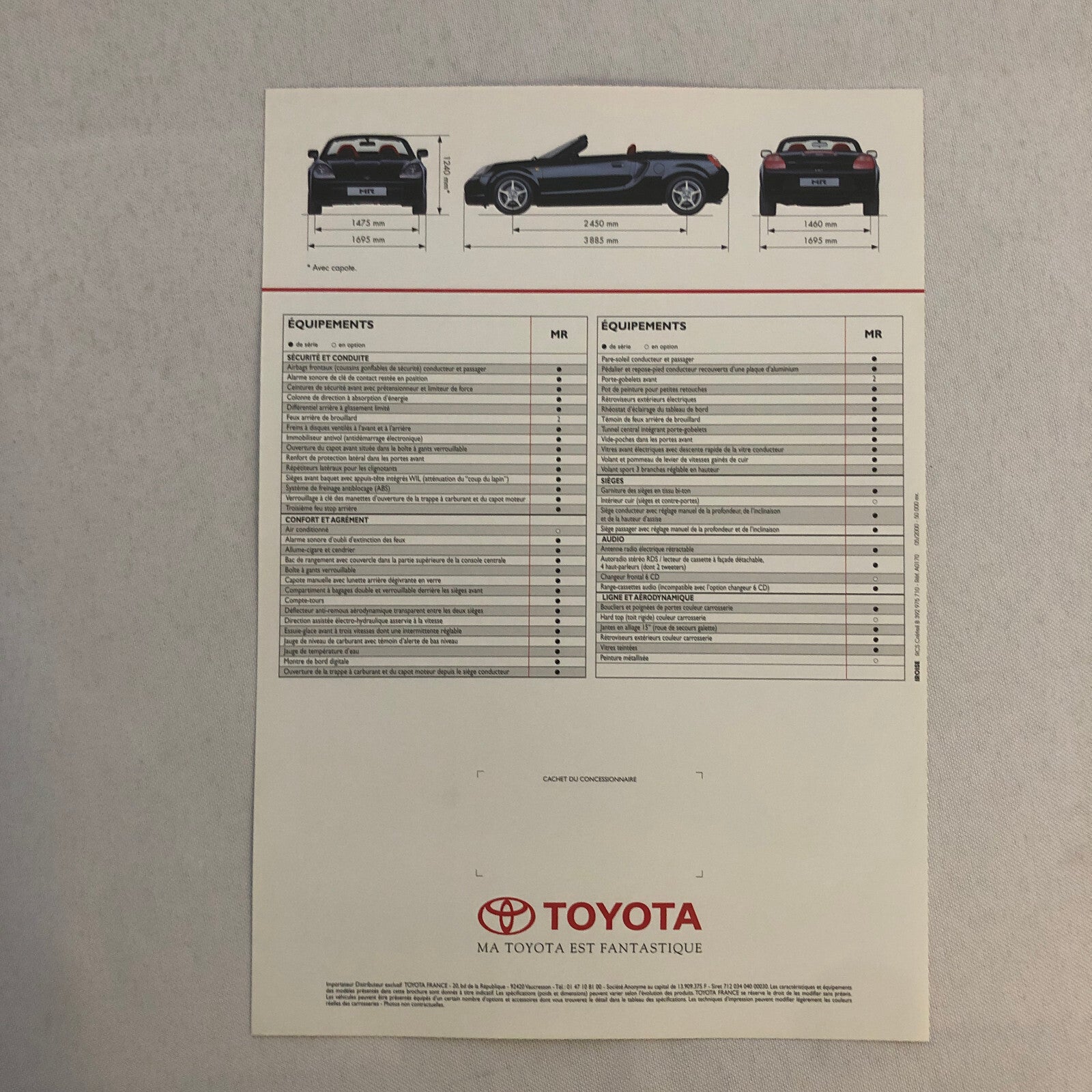 Toyota MR Roadster Car Sales Brochure Catalog Advertising FRENCH TEXT Toyota MR2