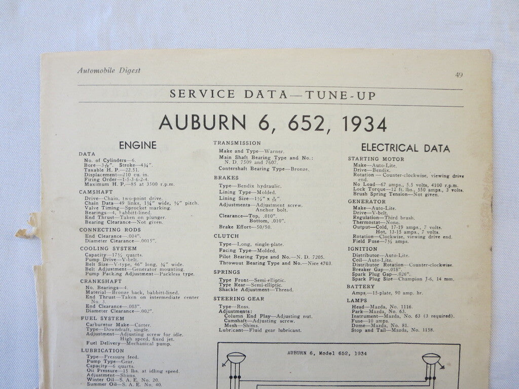 1934 Auburn 6 652 Technical Specification Sheet - Vintage Car 