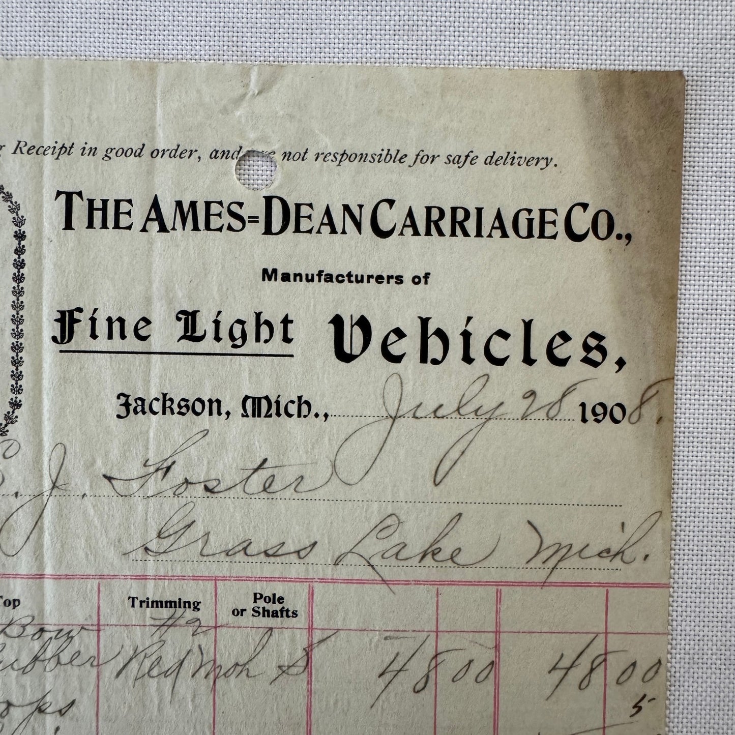 The Ames Dean Carriage Company Jackson Michigan 1908 Receipt Document Lot 2x