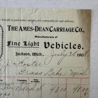 The Ames Dean Carriage Company Jackson Michigan 1908 Receipt Document Lot 2x