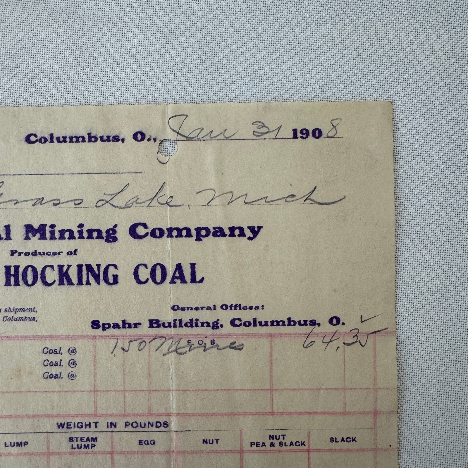 Johnson Coal Mining Company Receipt Invoice Document Letterhead 1908 Columbus OH
