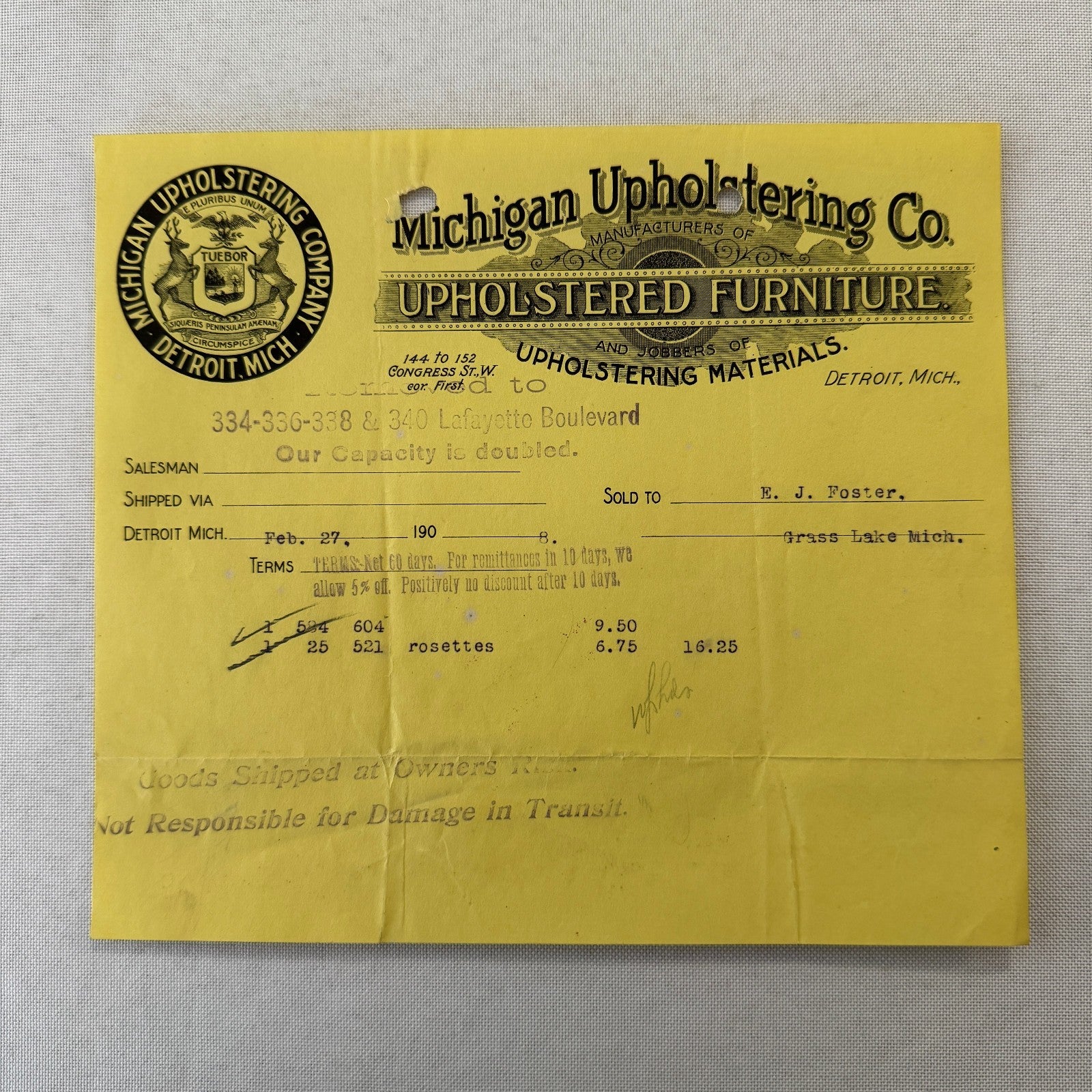 Michigan Upholstering Company Detroit 1908 Receipt Invoice Document Letterhead