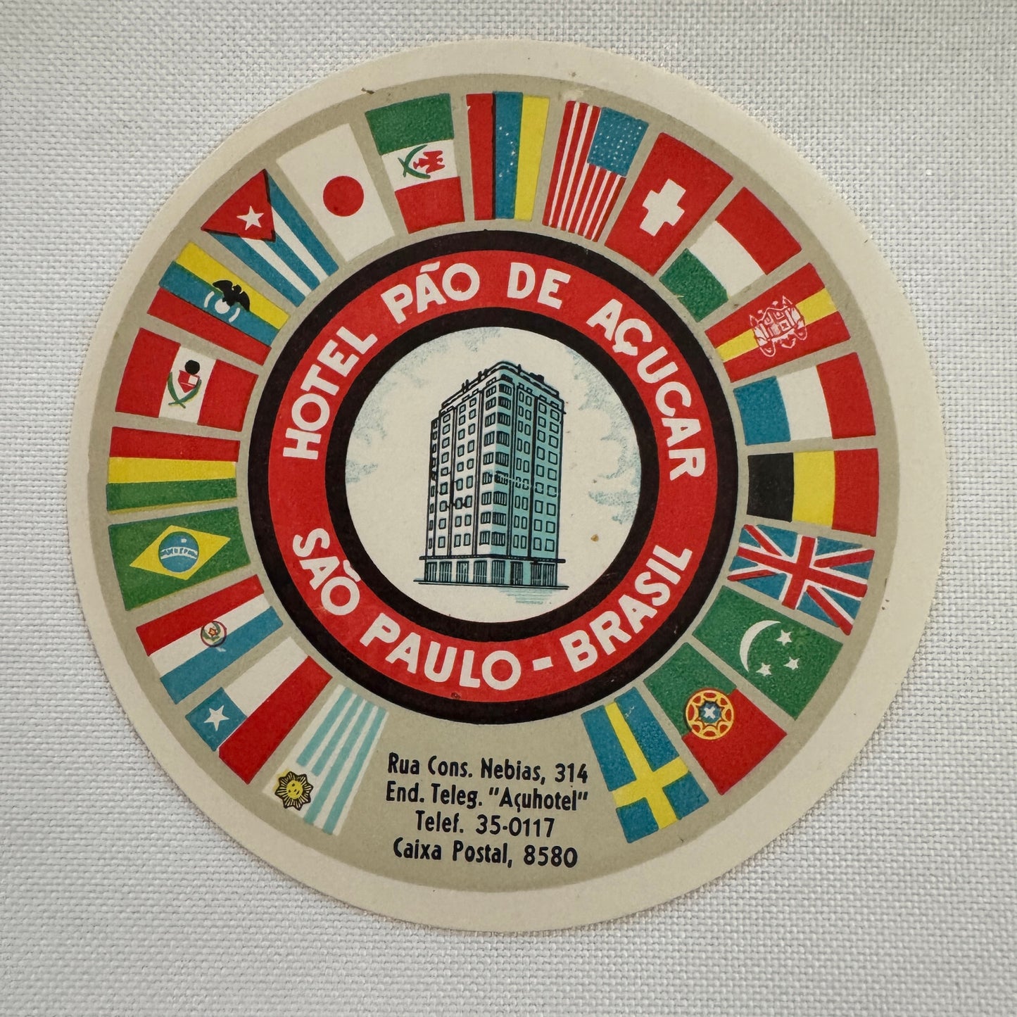 Vintage Travel Luggage Label Sao Paulo Brazil Brazilian Hotel Pao de Acucar