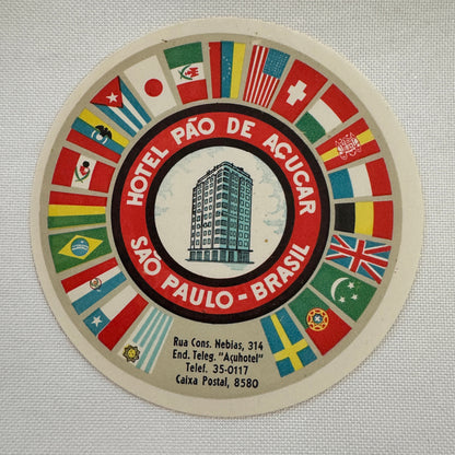 Vintage Travel Luggage Label Sao Paulo Brazil Brazilian Hotel Pao de Acucar