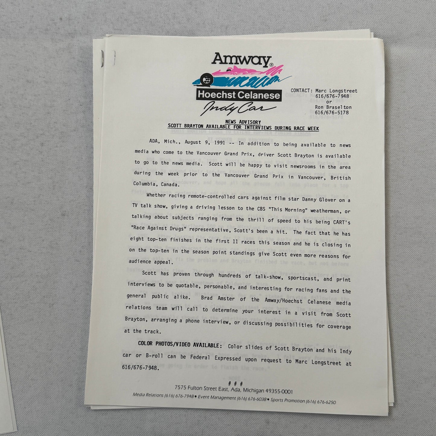 1991 Amway Indy Car Racing Press Kit Brochure Vintage Scott Brayton Driver