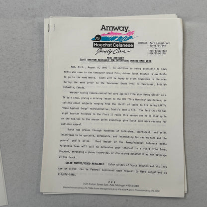 1991 Amway Indy Car Racing Press Kit Brochure Vintage Scott Brayton Driver