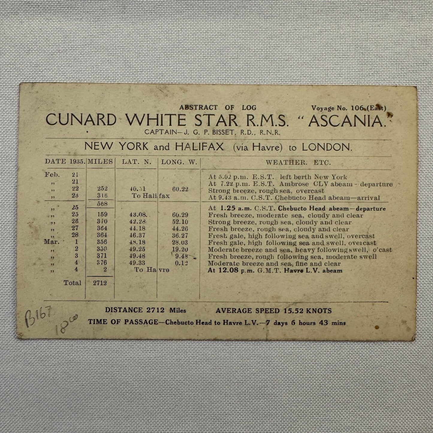 Cunard White Star Line RMS Ascania Boat Ship Vintage Card Postcard