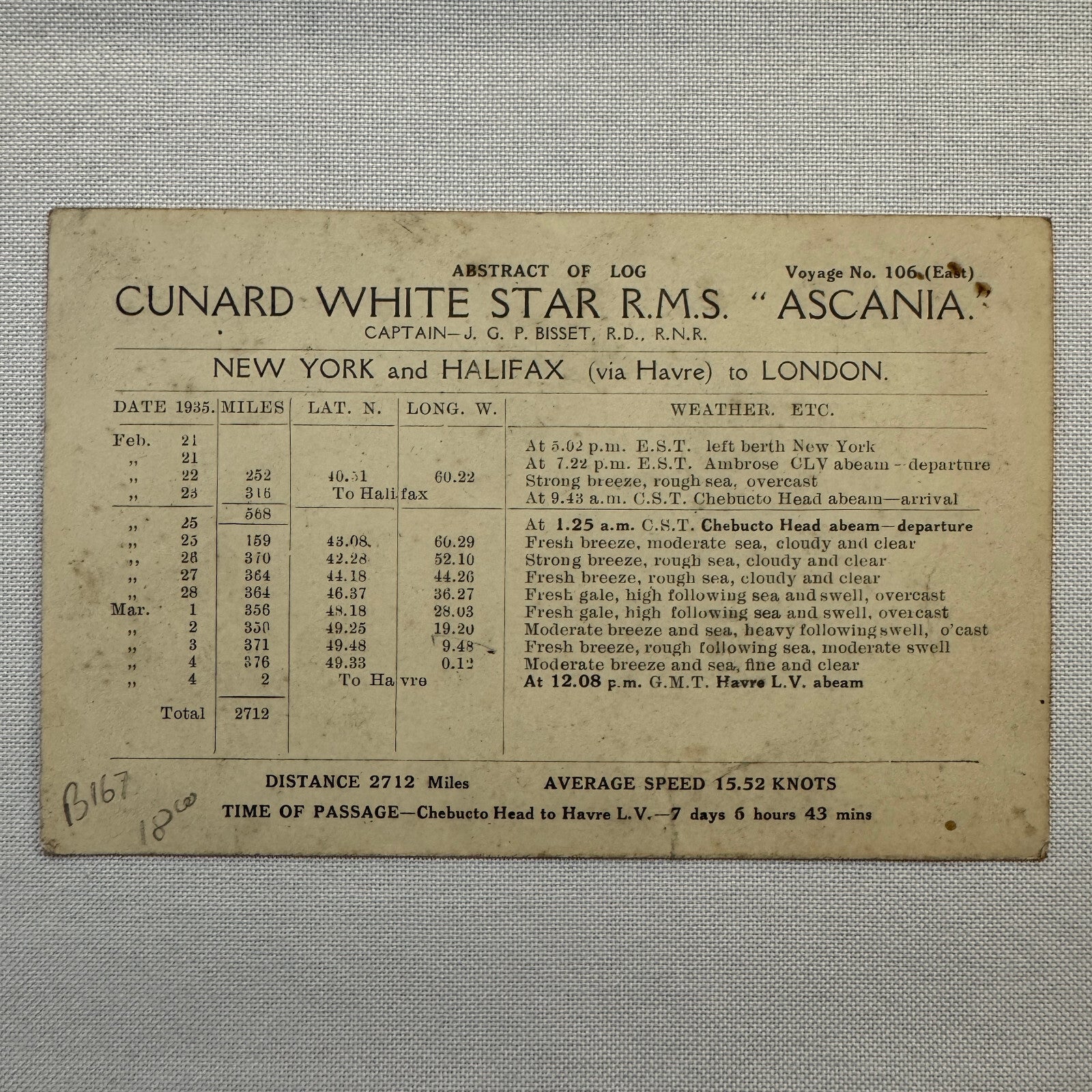 Cunard White Star Line RMS Ascania Boat Ship Vintage Card Postcard
