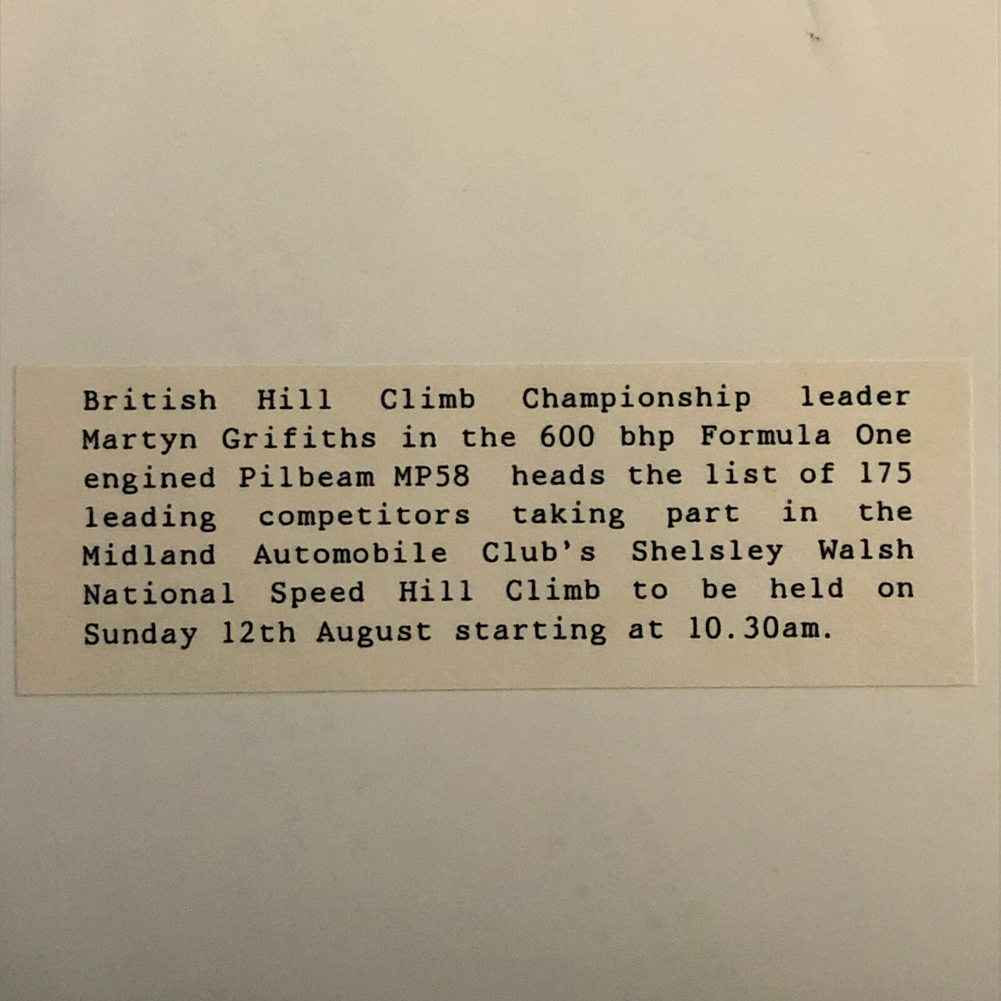 British Hill Climb Martyn Grifiths Pilbeam M58 Car Shelsley Walsh Photo Print 