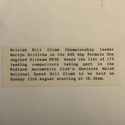 British Hill Climb Martyn Grifiths Pilbeam M58 Car Shelsley Walsh Photo Print 