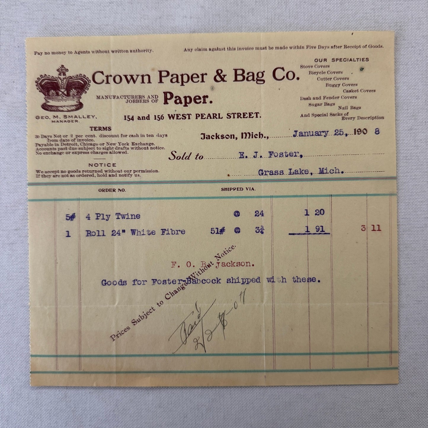 Crown Paper & Bag Company Jackson Michigan 1908 Receipt Invoice Document Lot 5x