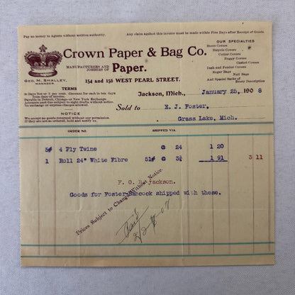 Crown Paper & Bag Company Jackson Michigan 1908 Receipt Invoice Document Lot 5x