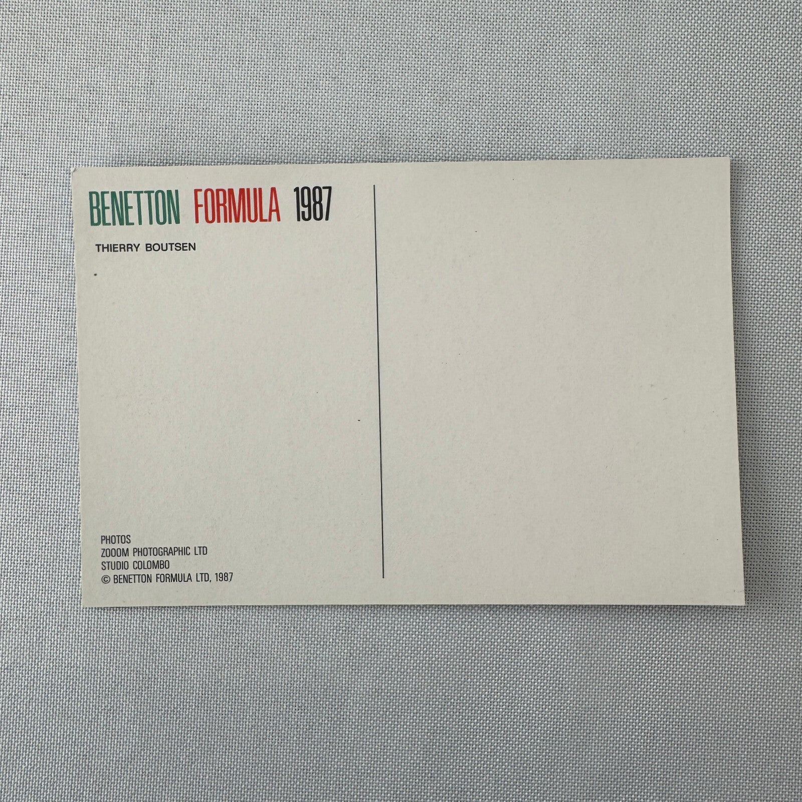 1987 Benetton Formula One Racing Postcard Post Card Thierry Boutsen Vintage