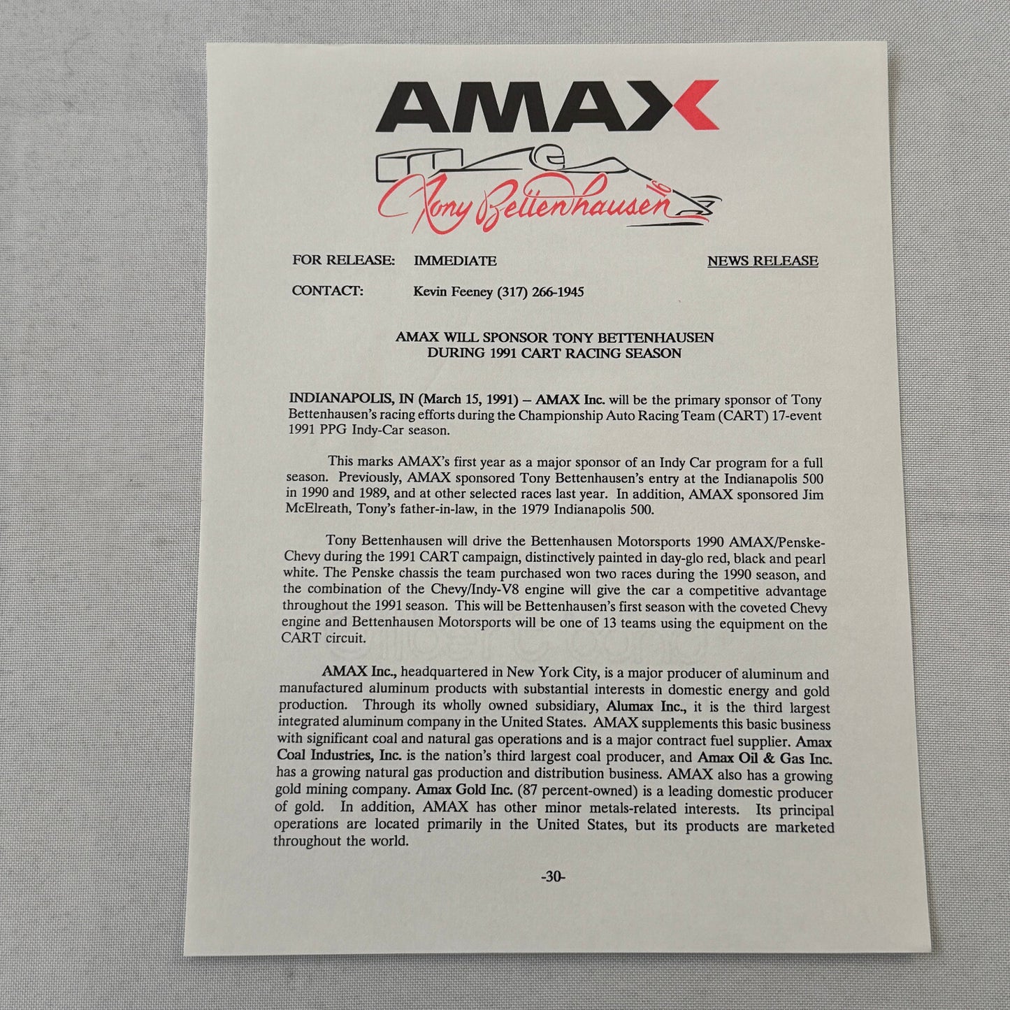 Tony Bettenhausen AMAX Racing Press Kit Brochure Penske Chevy 90 Indy Car
