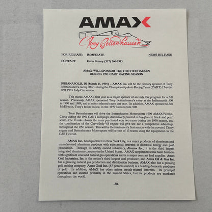 Tony Bettenhausen AMAX Racing Press Kit Brochure Penske Chevy 90 Indy Car