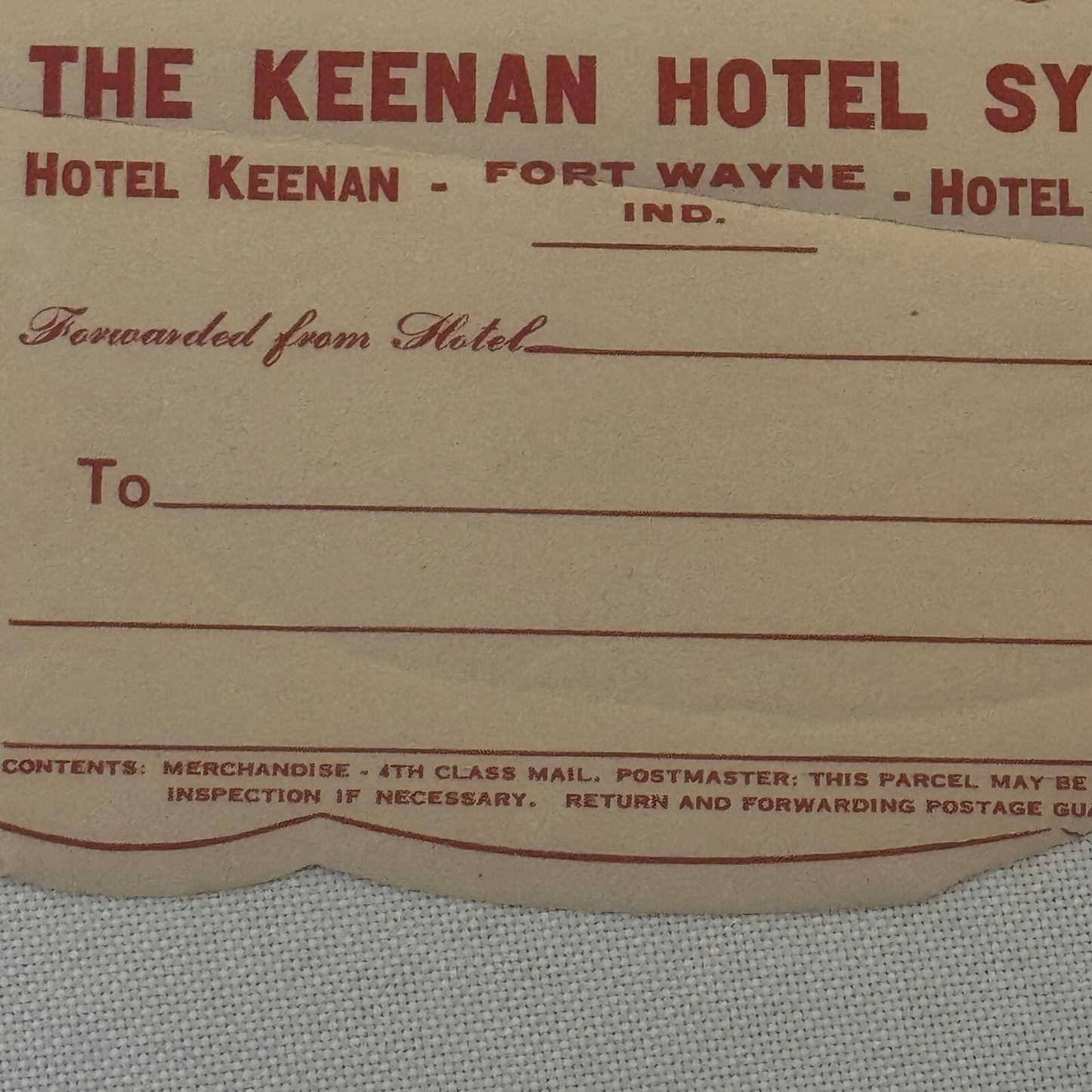 Vintage Hotel Travel Luggage Label Keenan Hotel System Fort Wayne Indiana