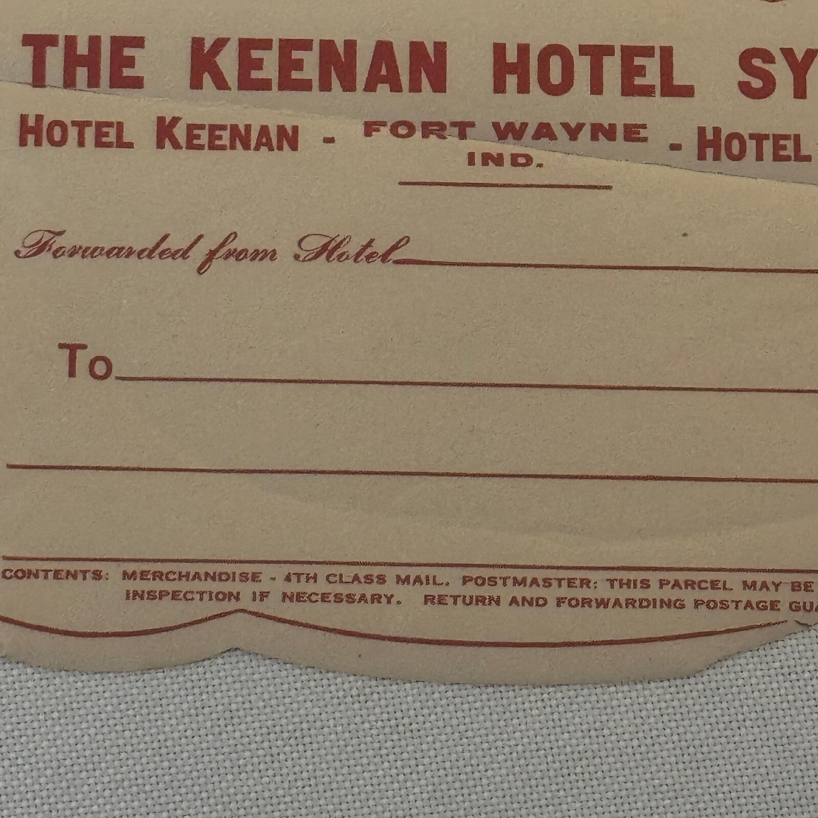 Vintage Hotel Travel Luggage Label Keenan Hotel System Fort Wayne Indiana
