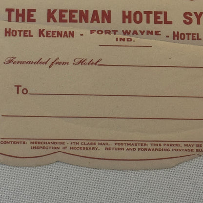 Vintage Hotel Travel Luggage Label Keenan Hotel System Fort Wayne Indiana