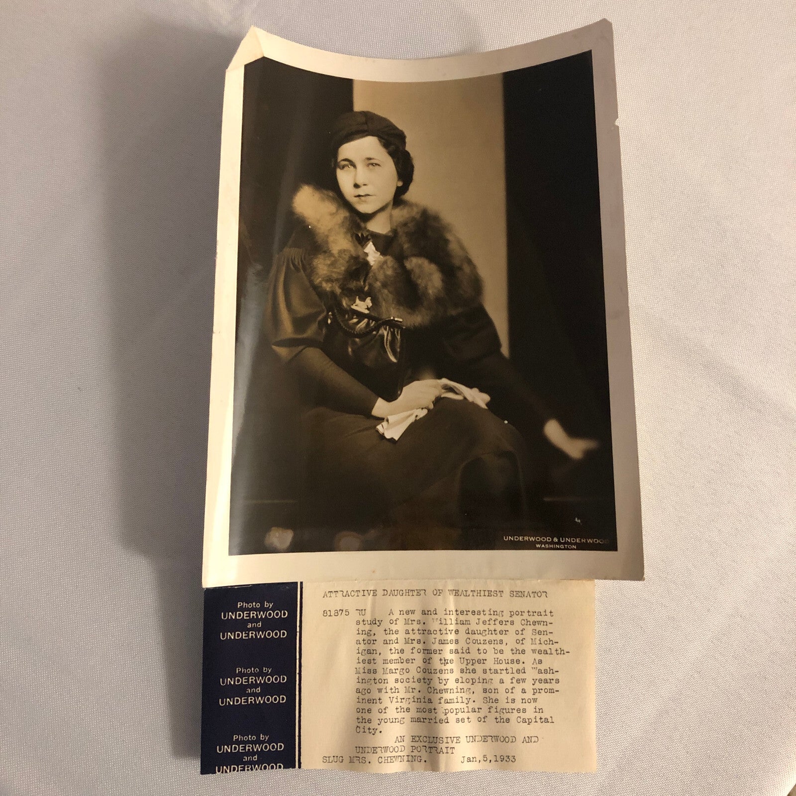 Press Photo Photograph Daughter of Senator James Couzens Margo 1933 Underwood