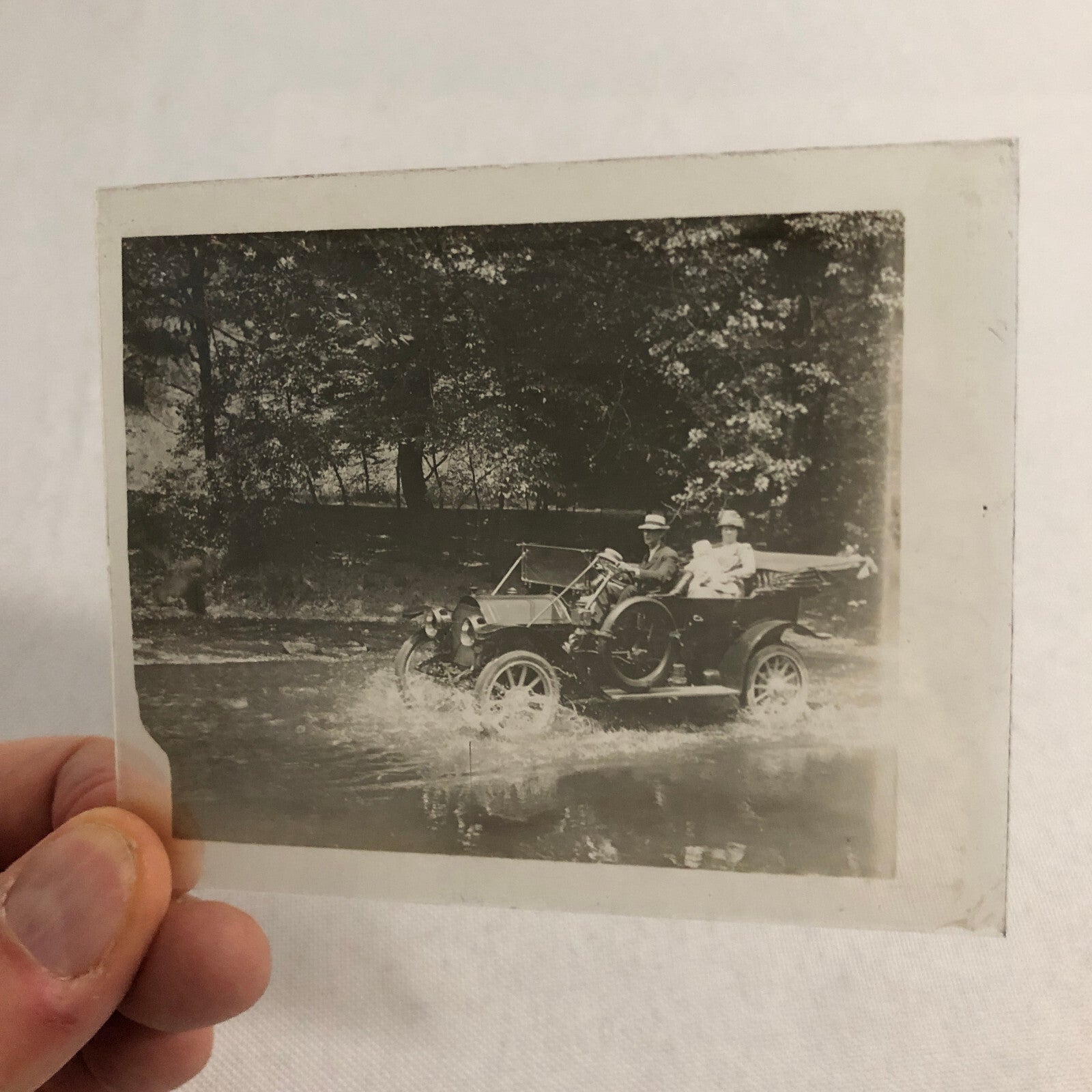 Antique Glass Plate Lantern Slide Photo Car Automobile Driving in Water