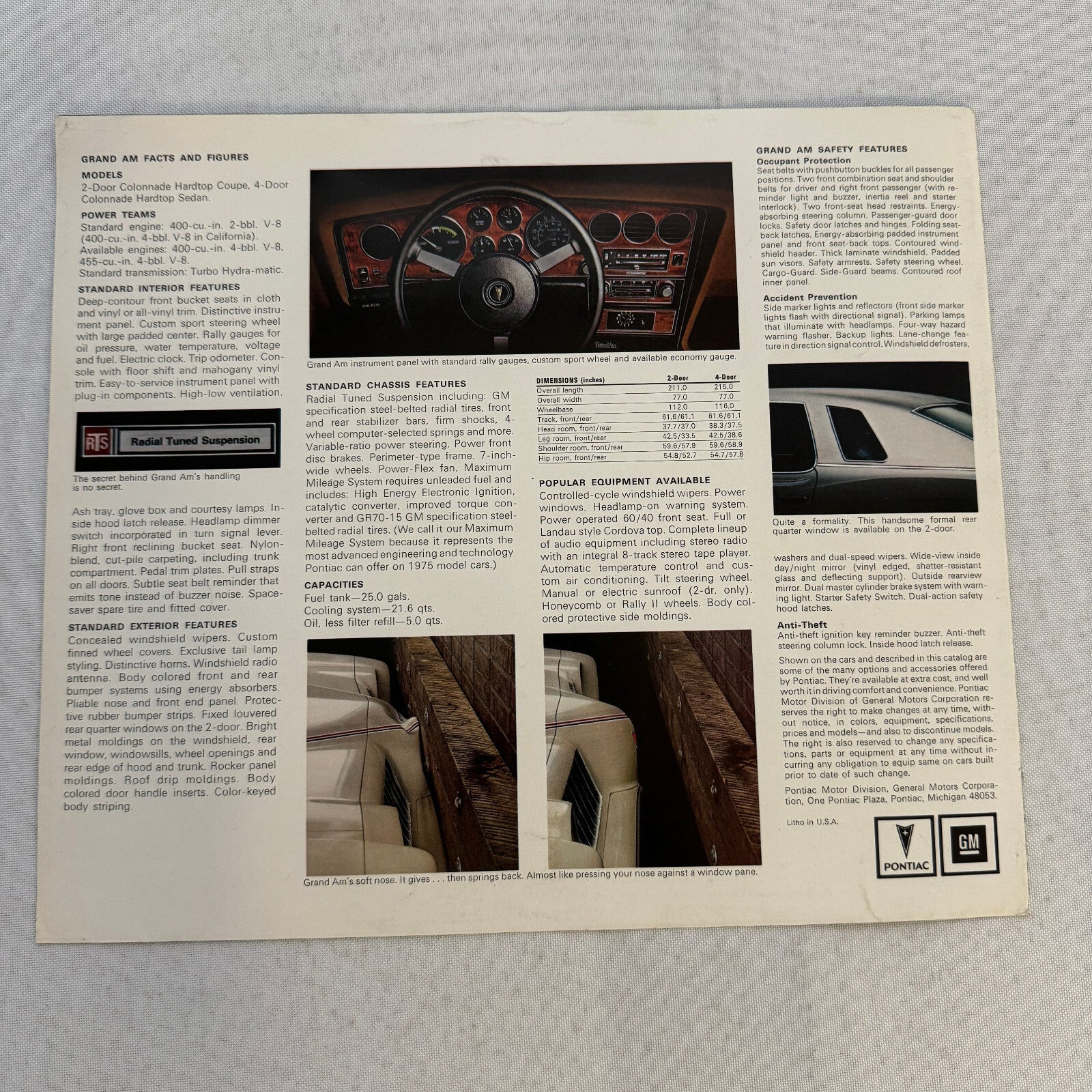 1975 Pontiac Grand Am Car Sales Brochure Catalog Advertising