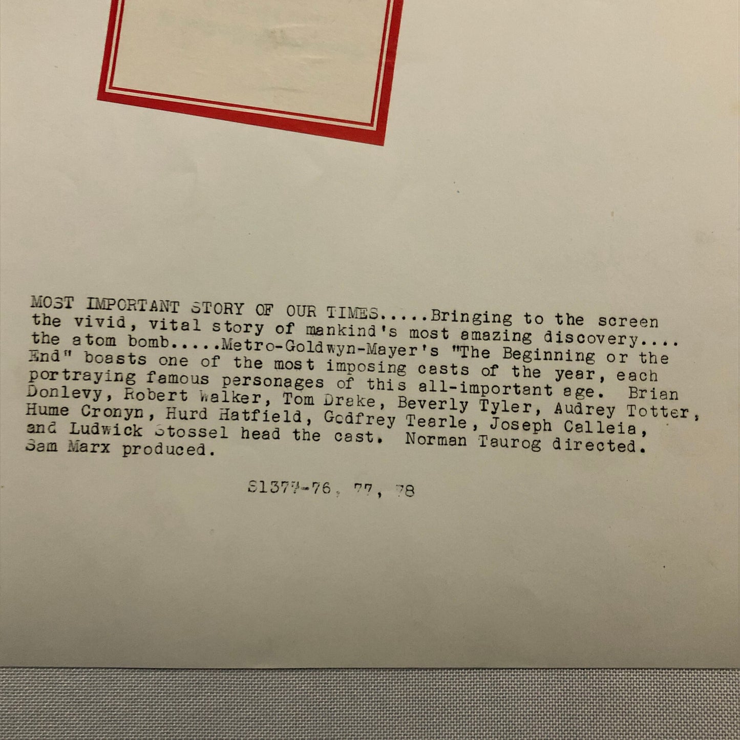 Vintage Movie Film Photo Photograph The Beginning or The End Hume Cronyn +