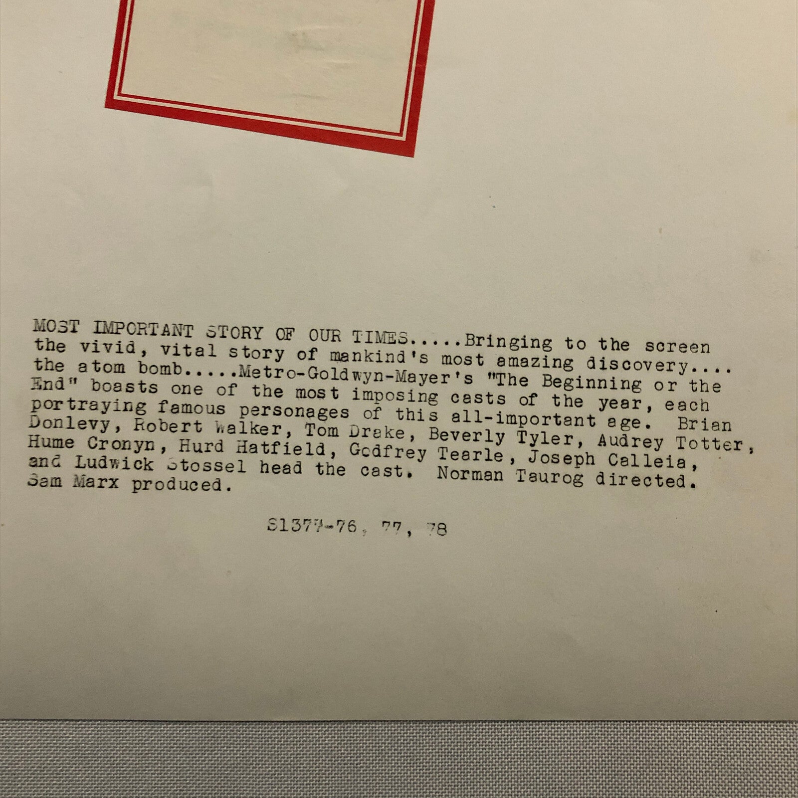 Vintage Movie Film Photo Photograph The Beginning or The End Hume Cronyn +