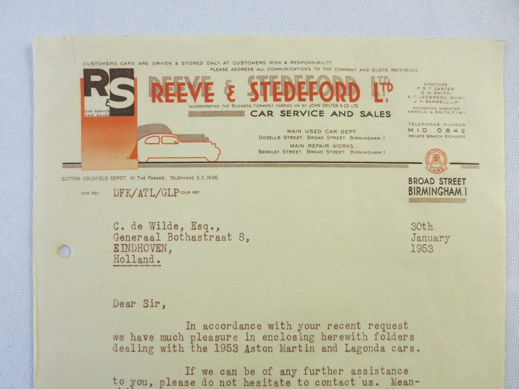 1953 Reeve & Stedeford Correspondence Letter Letterhead Aston Martin Lagonda 