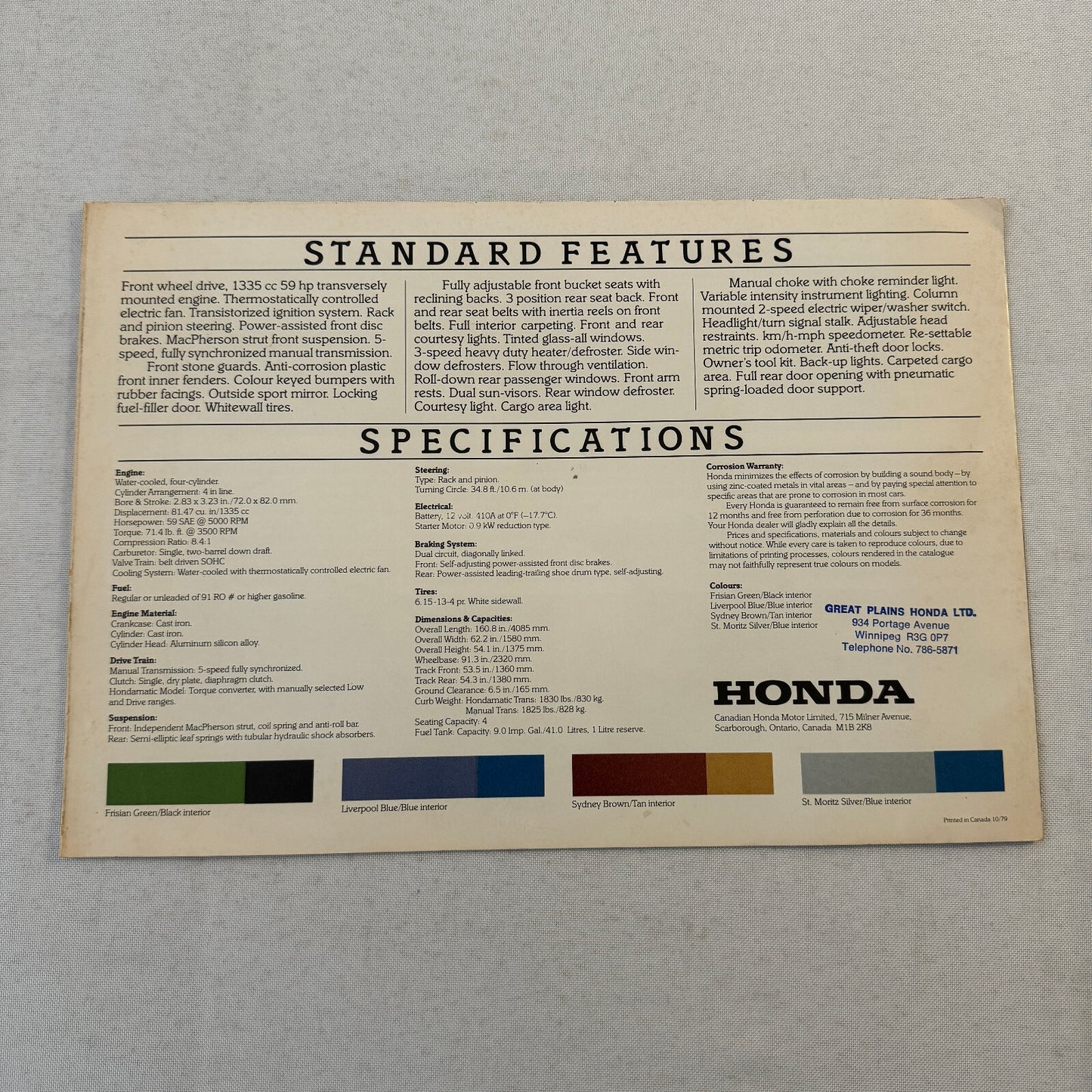 Honda Civic Station Wagon Car Sales Brochure Catalog Canadian 1979 1980