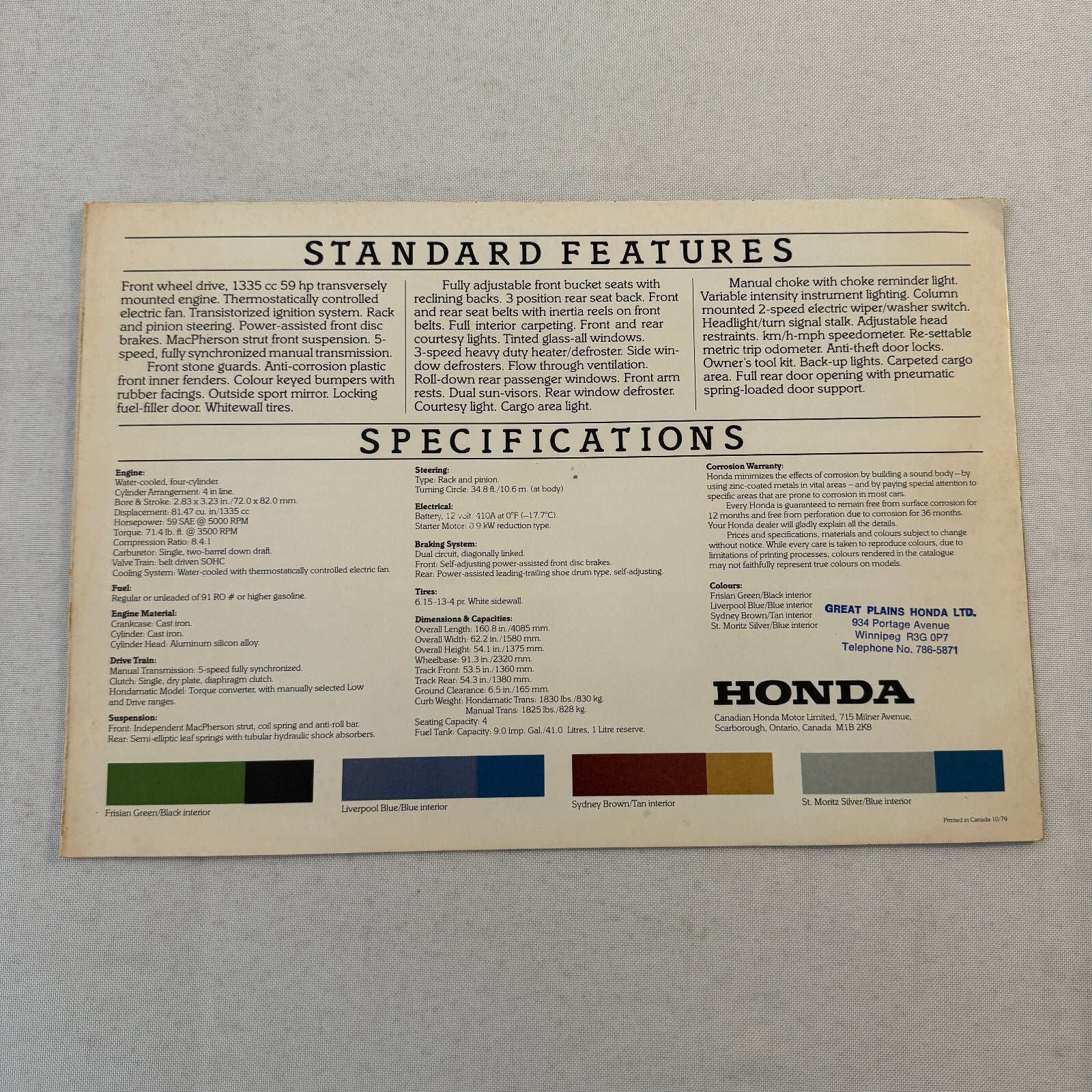 Honda Civic Station Wagon Car Sales Brochure Catalog Canadian 1979 1980