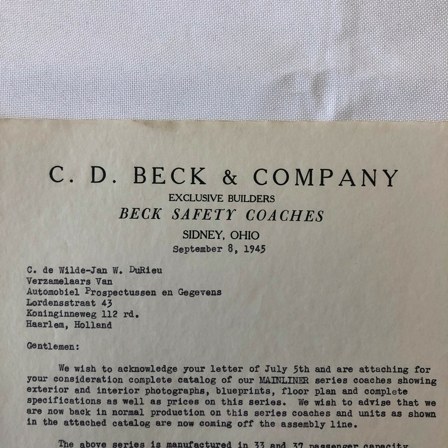 1945 CD Beck Company Safety Coach Bus Letter Letterhead Document Mainliner +
