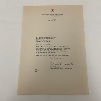 1954 Pontiac Letter Letterhead Vintage Document Signed Director Public Relations