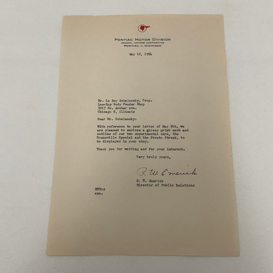 1954 Pontiac Letter Letterhead Vintage Document Signed Director Public Relations