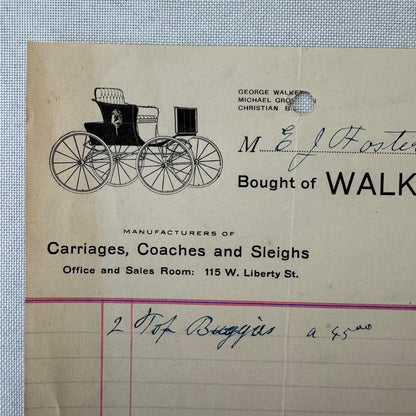 Walker and Company Receipt Letterhead Document 1908 Carriage Sleigh Ann Arbor MI
