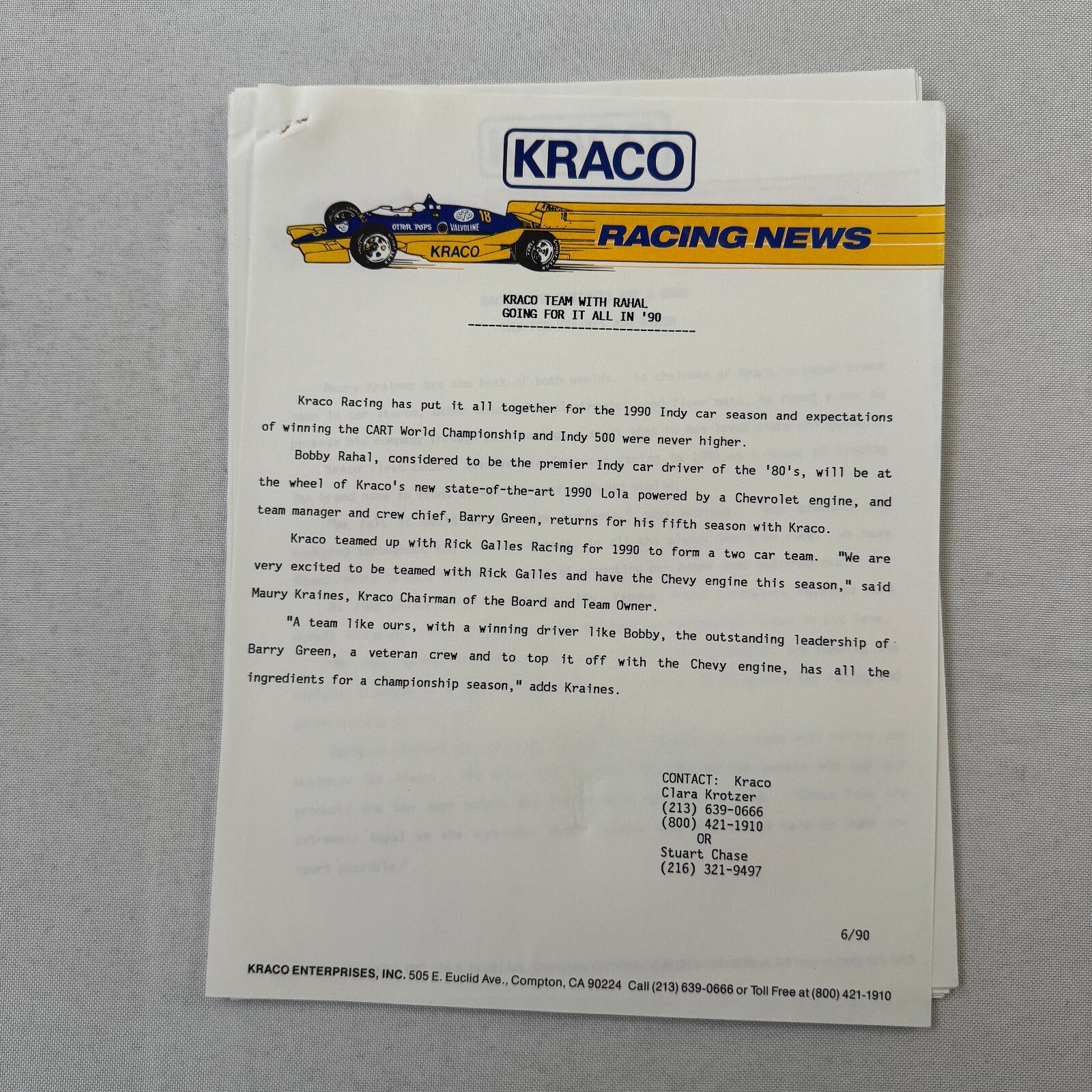 1990 Bobby Rahal Kraco Racing Press Kit Brochure Photos Lola Chevrolet Indy Car