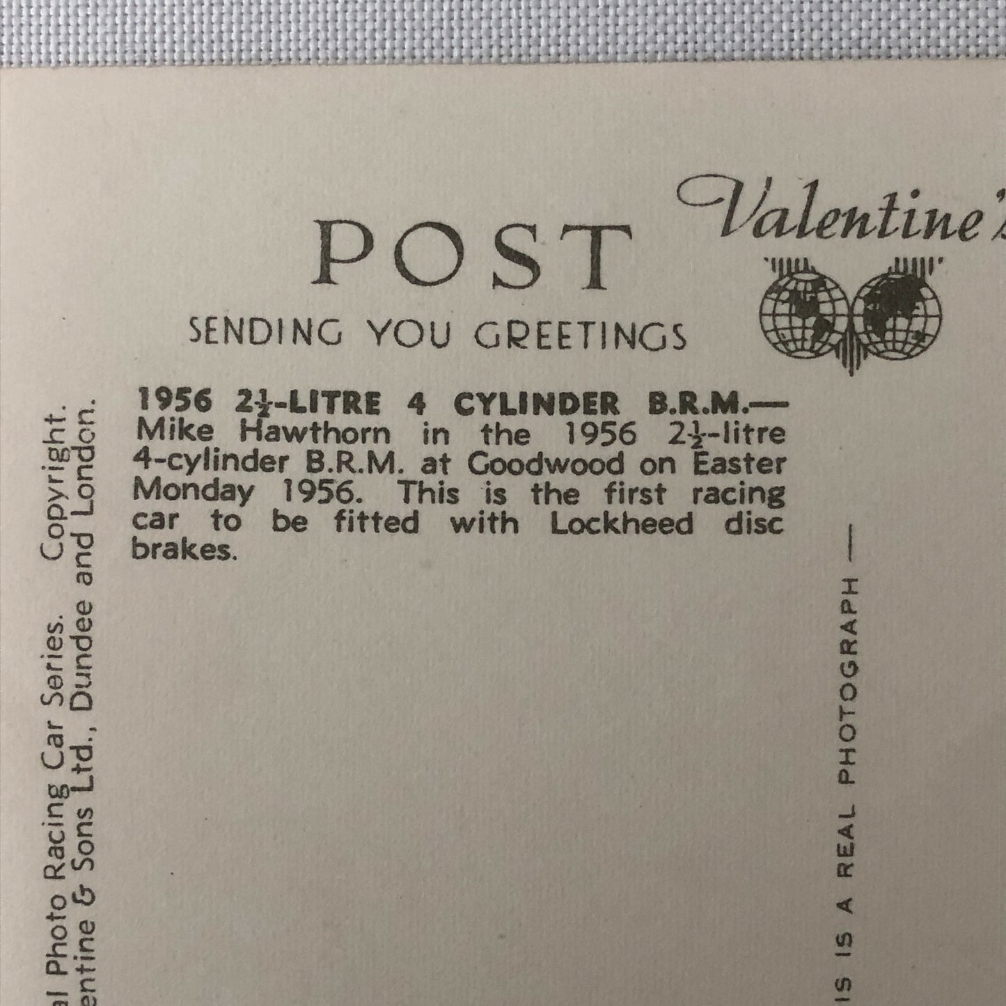 Vintage BRM 1956 Racing Photo Photograph Postcard RPPC Mike Hawthorn 