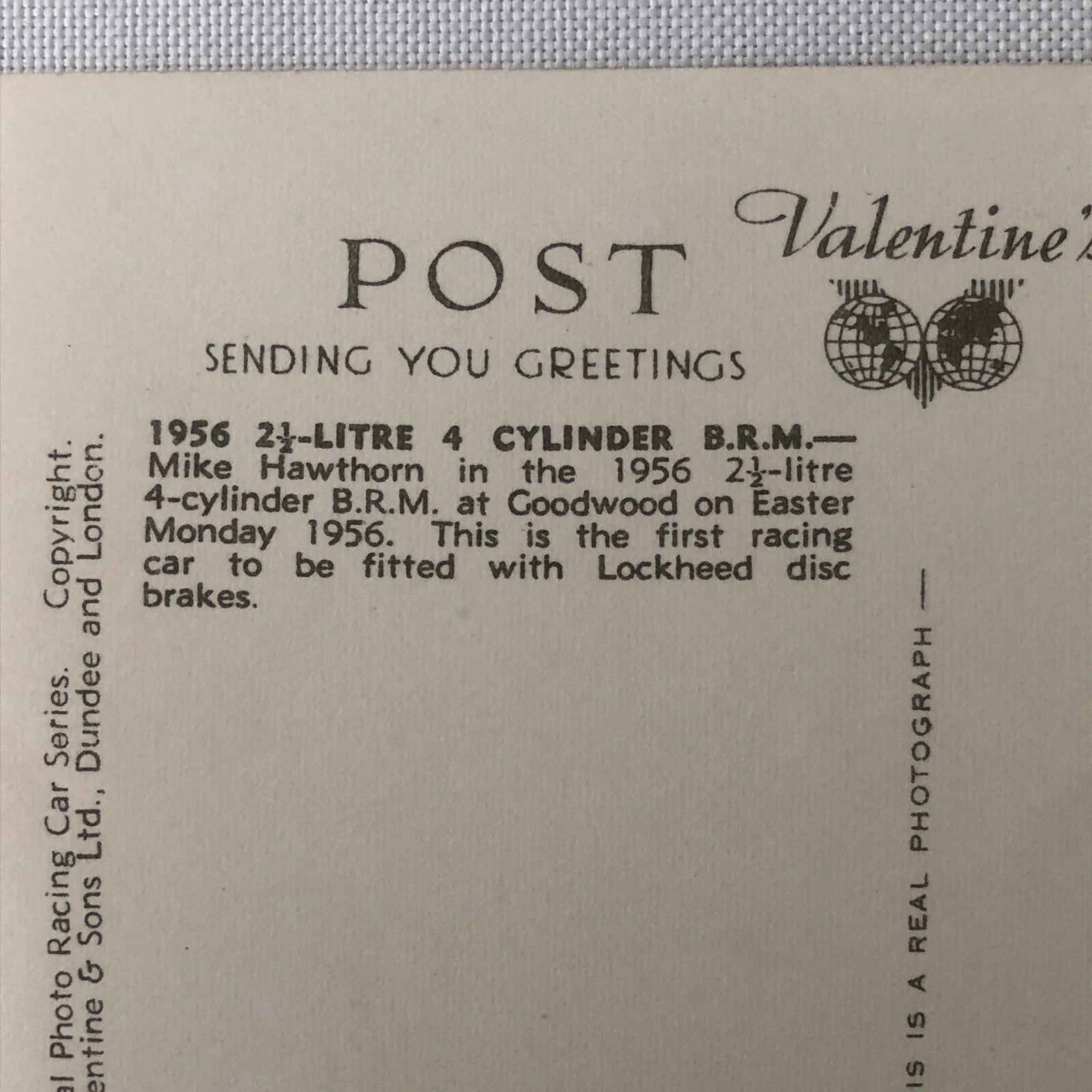 Vintage BRM 1956 Racing Photo Photograph Postcard RPPC Mike Hawthorn 