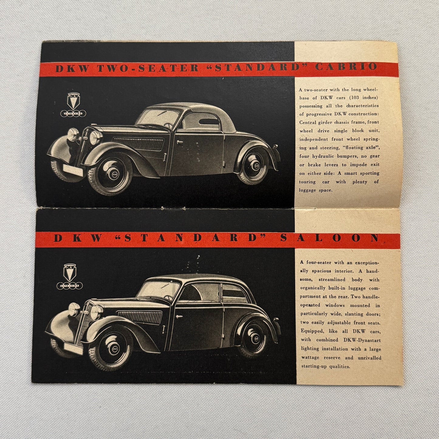 Auto Union DKW Car Sales Brochure Catalog Master Cabrio Saloon Delivery Van +