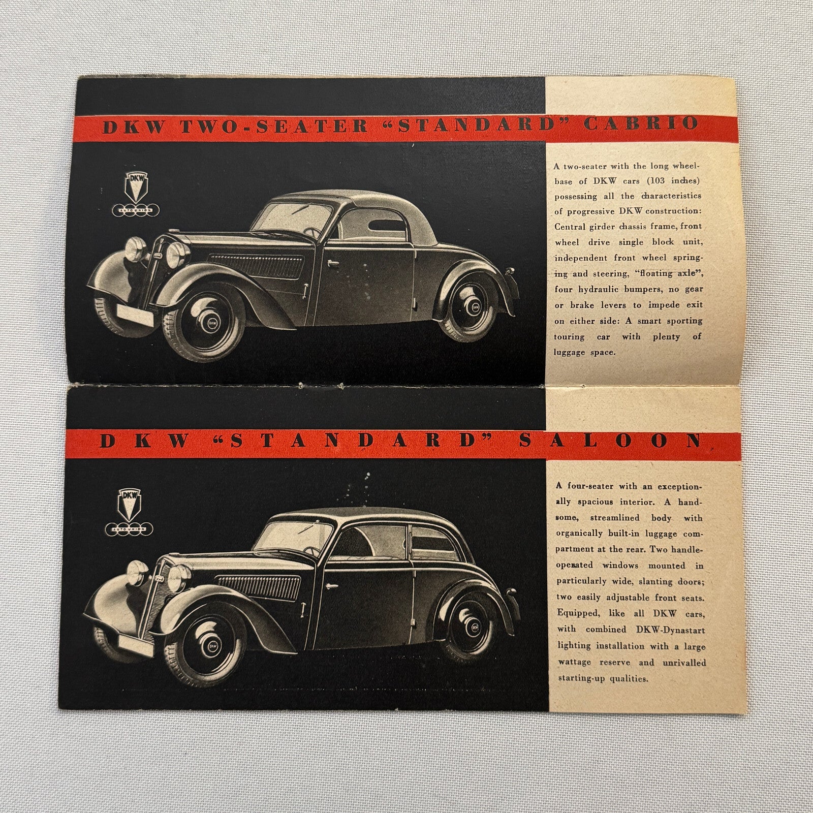 Auto Union DKW Car Sales Brochure Catalog Master Cabrio Saloon Delivery Van +