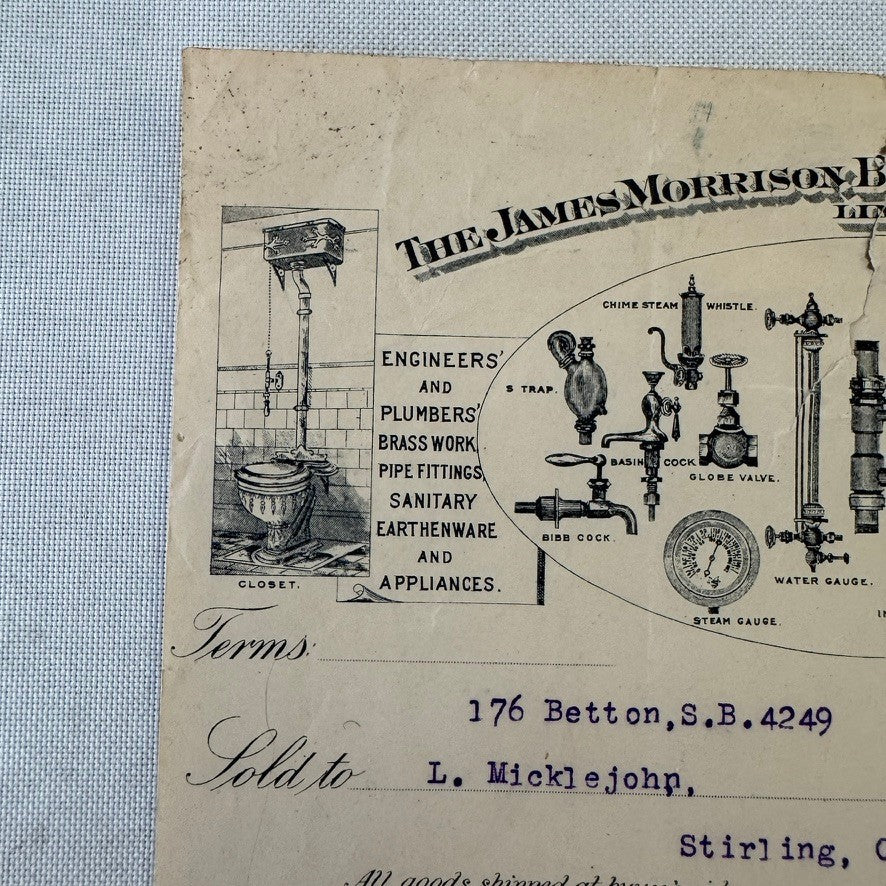 1912 Vintage Receipt Document  James Morrison Brass Manufacturing Company