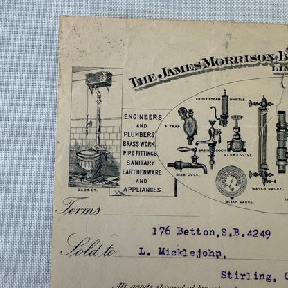 1912 Vintage Receipt Document  James Morrison Brass Manufacturing Company
